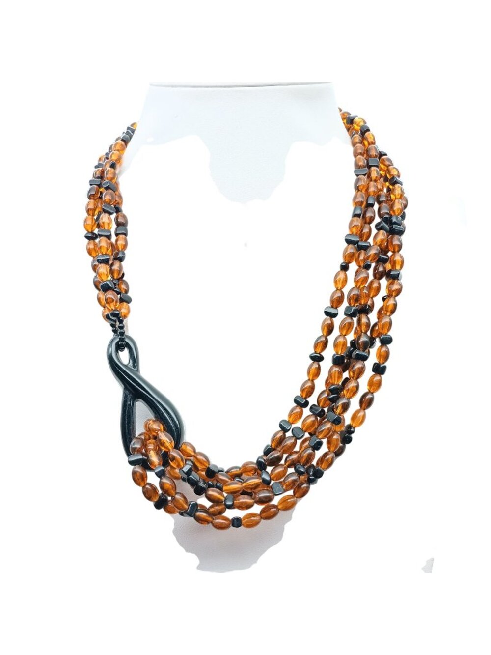 Multi-Strand Brown & Black Beaded Lucite Necklace with Abstract Black Asymmetric
